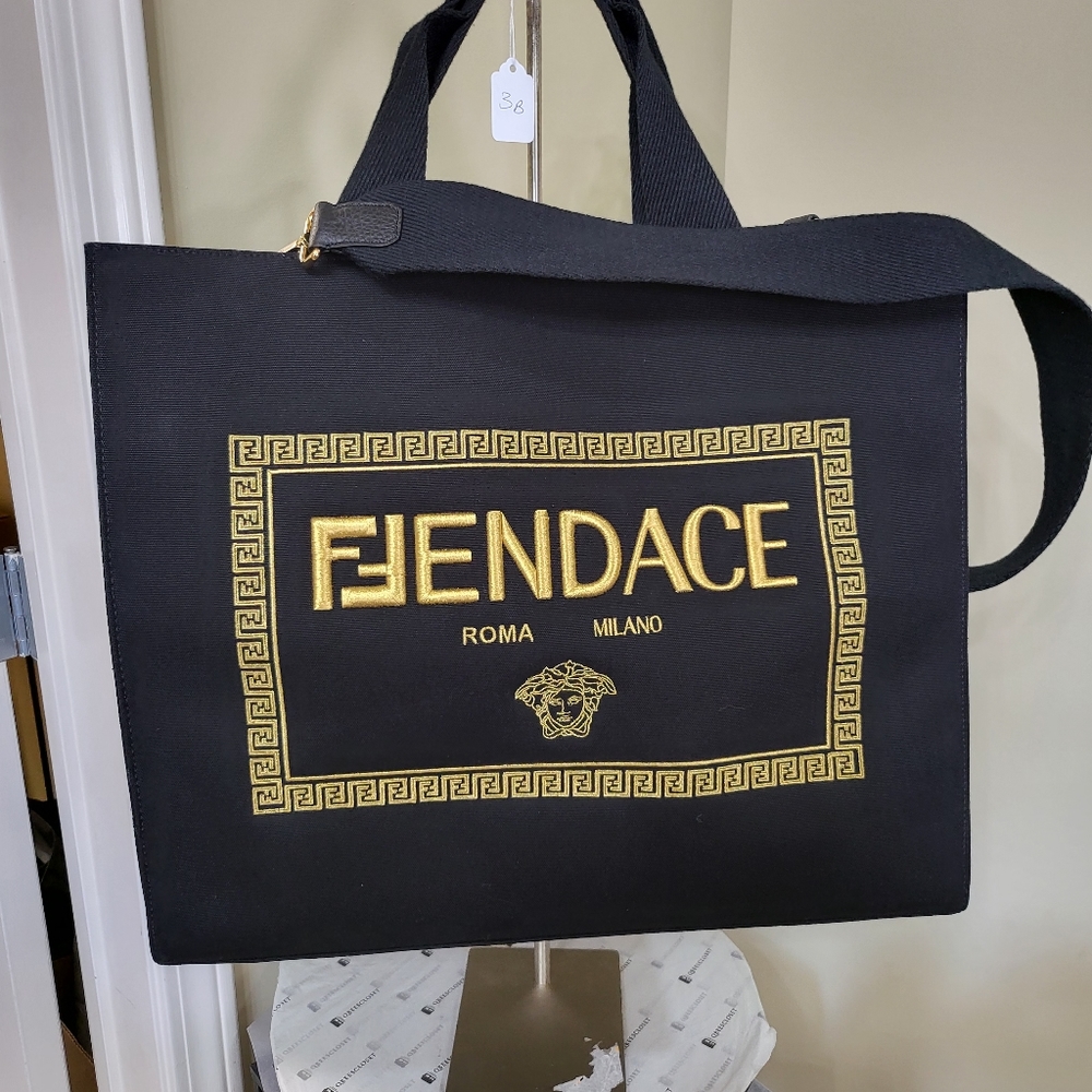 FENDI X VERSACE Cotton Canvas Cuoio Romano Fendace Logo Embroidered Signature